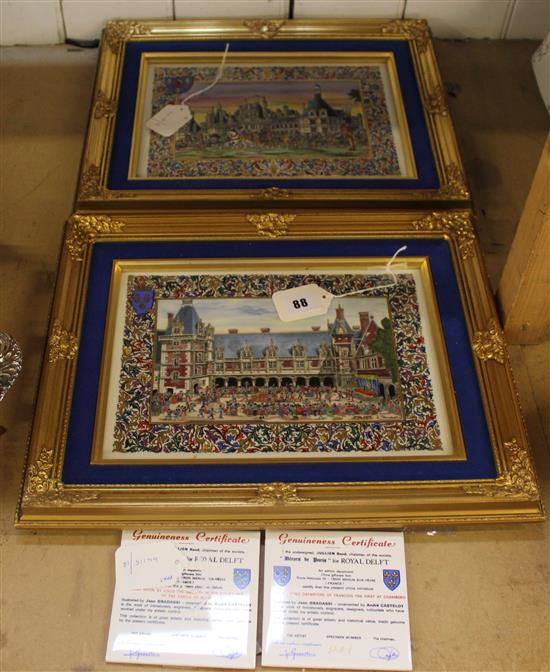 Pair of Royal Delft Porcelain limited edition framed plaques (French Chateaux series of 6), with booklet & ceramic certificates